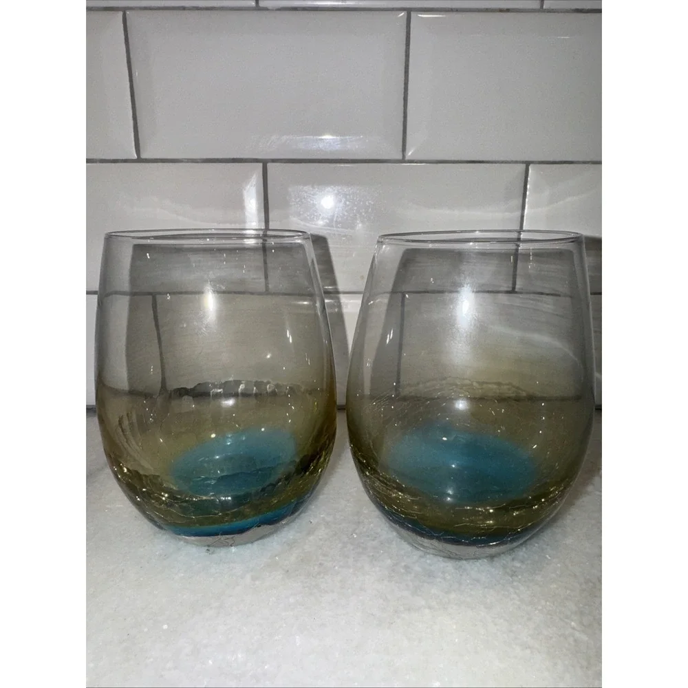 Pair Of Pier 1 HandBlown Blue/gold Hombre‎ Crackle stemless wine GlassRARE GW992